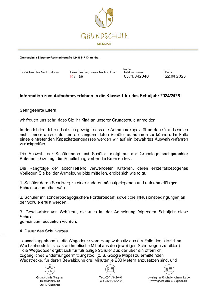 Elterninfo Schulaufnahme 1